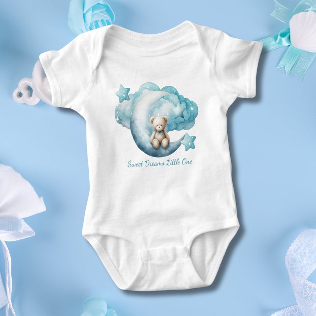 Personalisiert Baby Bear Moon Star Cloud Blue Boy Baby Strampler (Personalized Blue Baby Bear Sitting on Moon with Stars and clouds. Baby shower gift baby boy)
