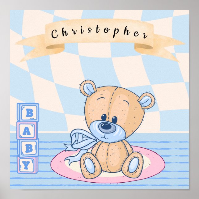 Personalisiert Baby Boy Teddy Bear Kinderzimmer Po Poster (Vorne)