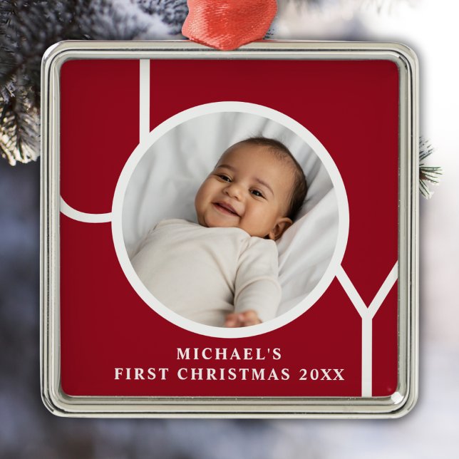 Personalisiert Baby Boy's First Christmas Foto Red Ornament Aus Metall (Von Creator hochgeladen)