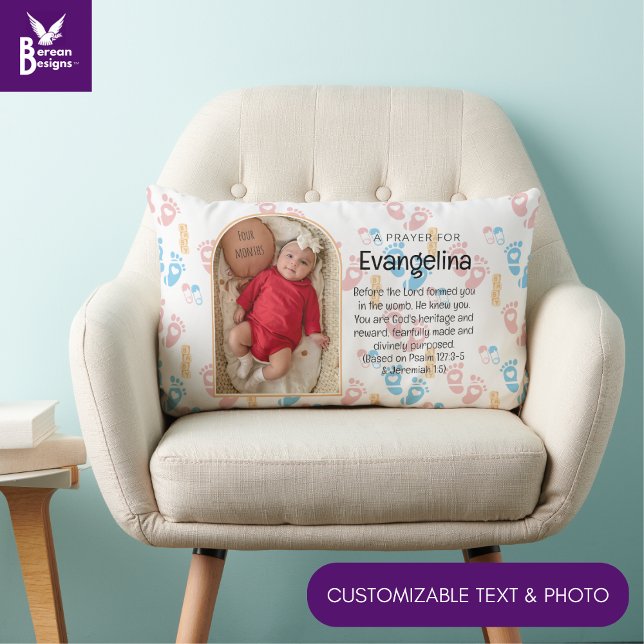 Personalisiert Baby Christlich Gebet Keepake Lendenkissen (Cute Christian baby keepsake lumbar pillow w/ customizable photo and blessing. Ideal for new parents)