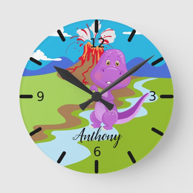 Personalisiert Baby Dinosaurier Runde Wanduhr (Vorderseite)