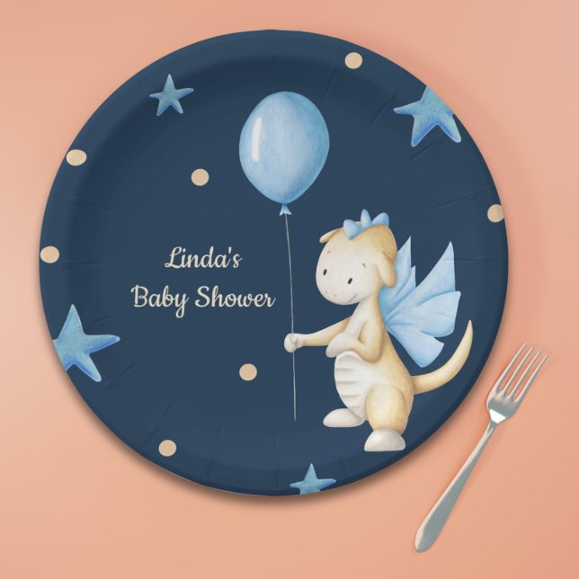 Personalisiert Baby Dragon mit Balloon Baby Dusche Pappteller (Navy blue dragon boy baby shower paper plates)
