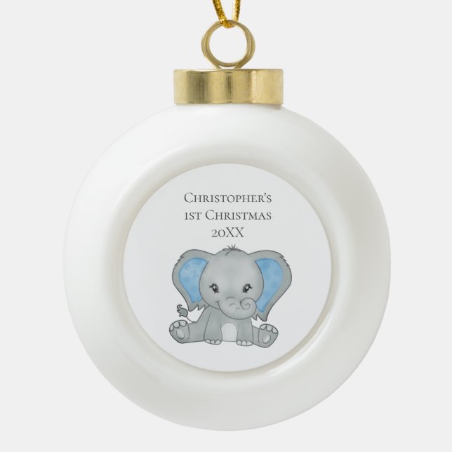 Personalisiert Baby Elephant Blue Baby 1. Weihnach Keramik Kugel-Ornament (Vorderseite)