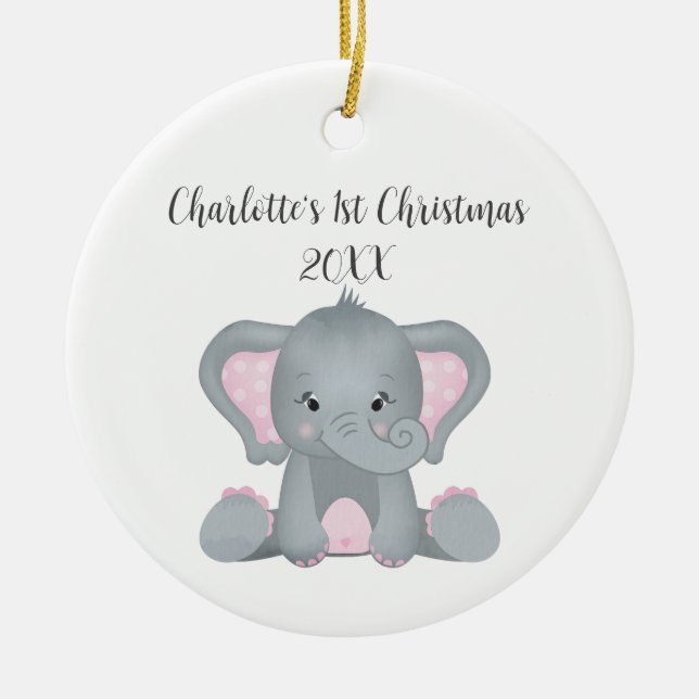 Personalisiert Baby Elephant Pink Baby 1. Weihnach Keramik Ornament (Vorne)