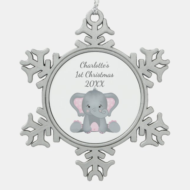 Personalisiert Baby Elephant Pink Baby 1. Weihnach Schneeflocken Zinn-Ornament (Vorderseite)