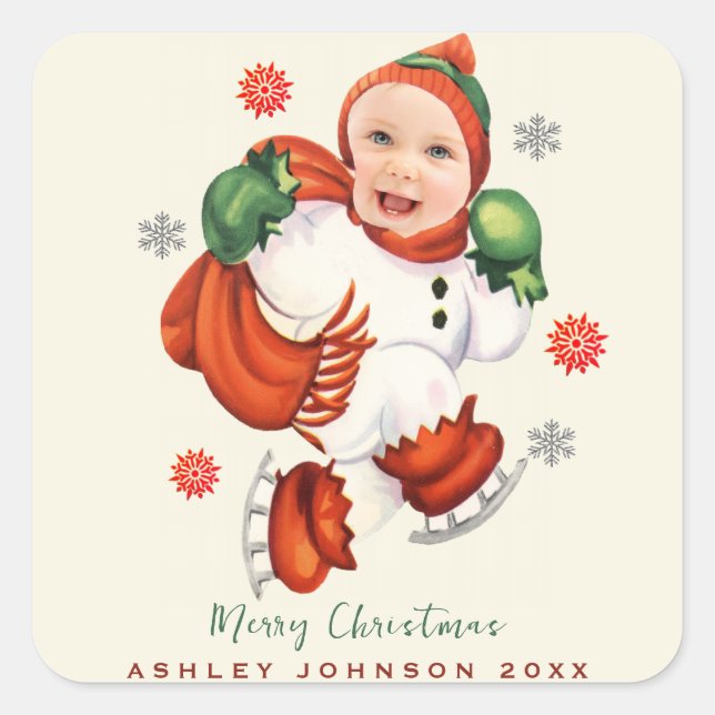 Personalisiert Baby Face Foto Chubby Santa Quadratischer Aufkleber (Vorderseite)