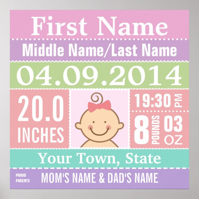Personalisiert Baby Girl Birth Stats Poster (Vorne)