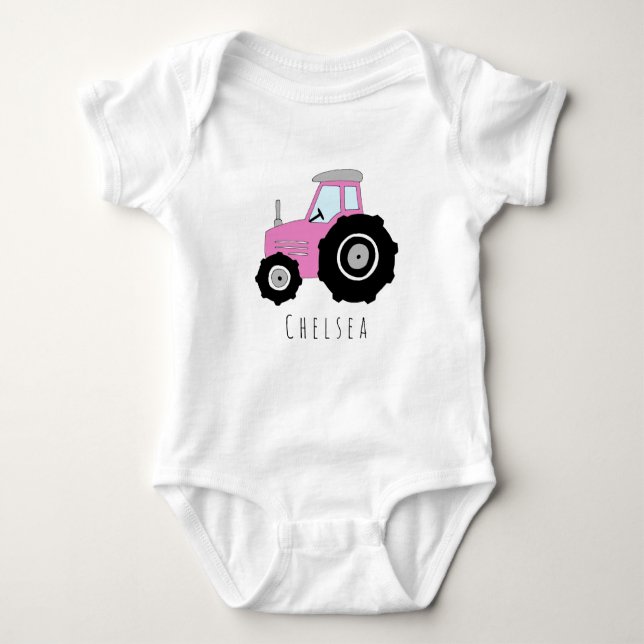 Personalisiert Baby Girl Pink Farm Traktor mit Nam Baby Strampler (Vorderseite)