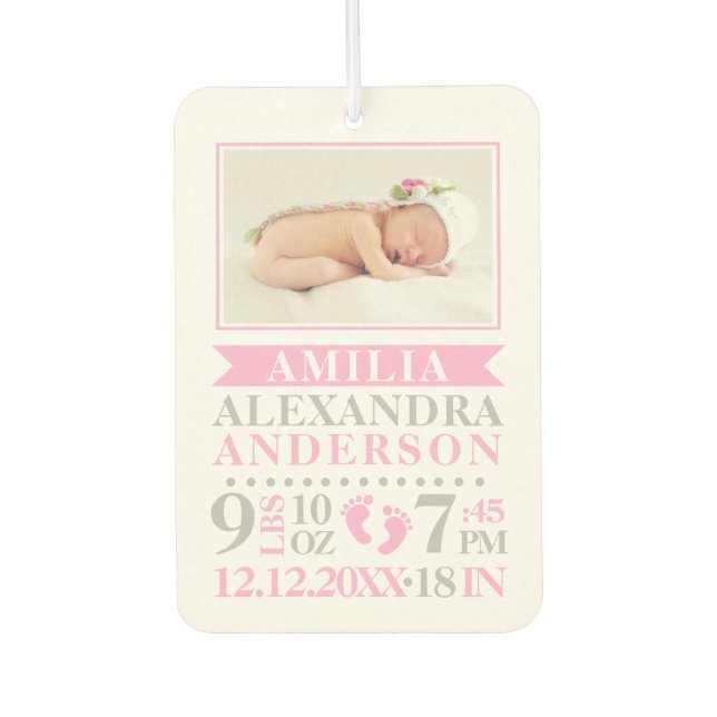 Personalisiert Baby Girl Pink Grey Birth Stats Autolufterfrischer (Vorderseite)