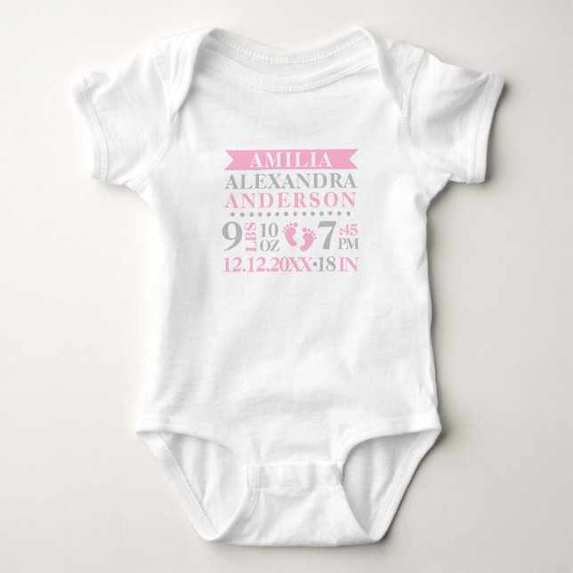 Personalisiert Baby Girl Pink Grey Birth Stats Strampler (Vorderseite)