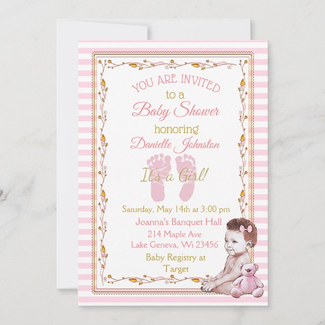 Personalisiert Baby Girl Pink und Gold Baby Dusche Einladung (Vorderseite)