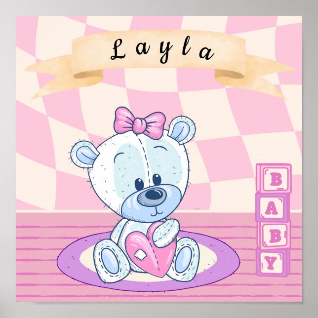Personalisiert Baby Girl Teddy Bear Kinderzimmer Poster (Vorne)