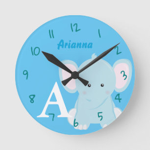 Personalisiert Baby Pastel Blue Elephant Round Clo Runde Wanduhr