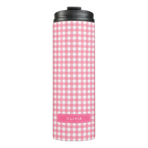 Personalisiert Baby Pink Gingham Monogram Thermosbecher