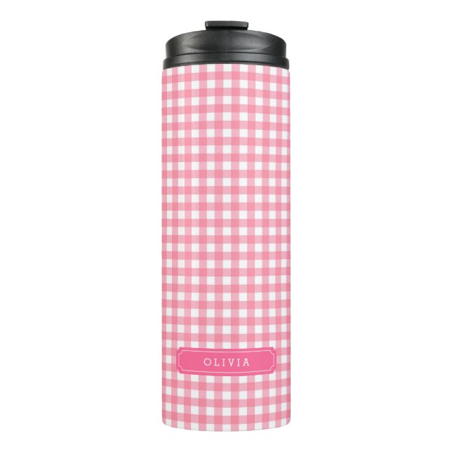 Personalisiert Baby Pink Gingham Monogram Thermosbecher (Vorderseite)