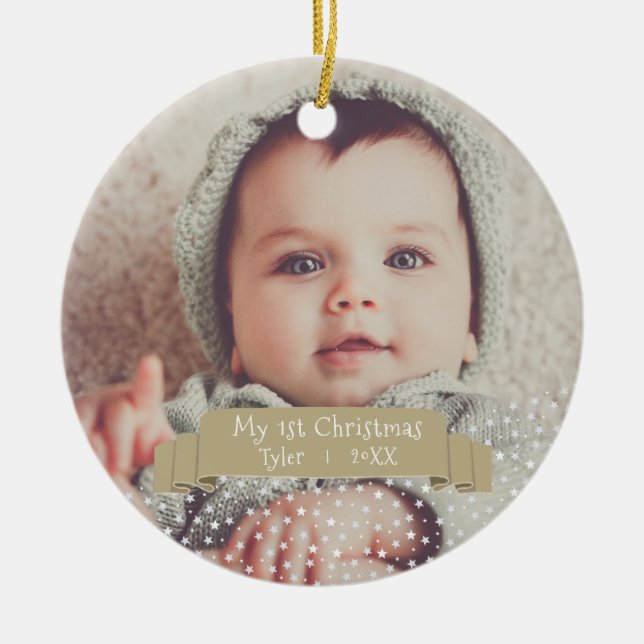 Personalisiert Baby`s First Christmas Foto Keramik Ornament (Vorne)