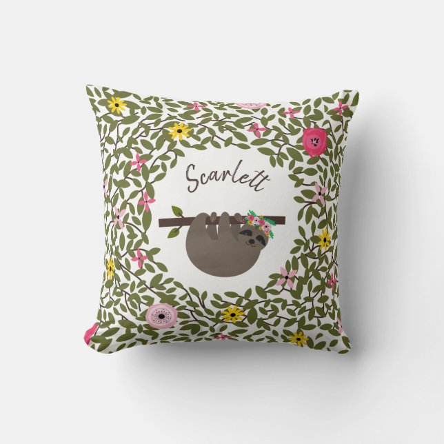 Personalisiert Baby Sloth Floral Pillow Kissen (Vorderseite)