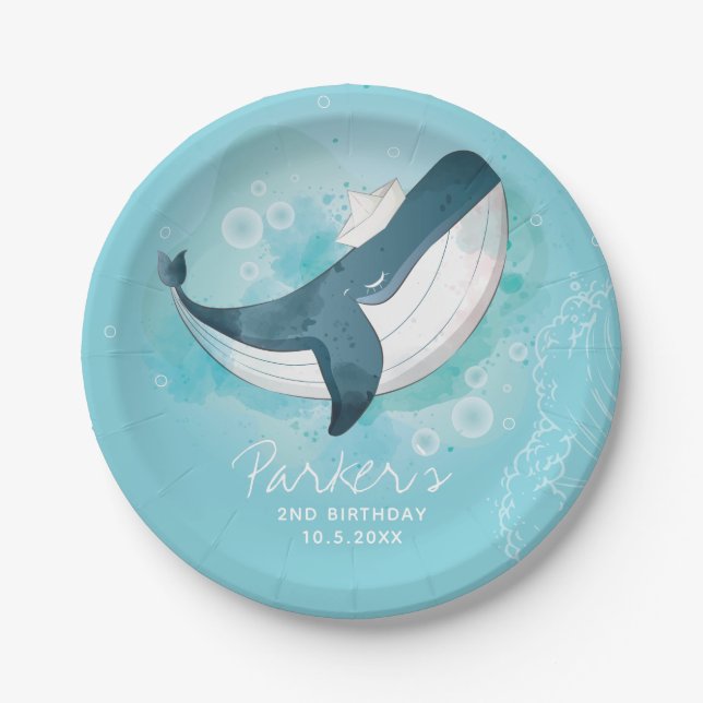 Personalisiert Baby Whale Blue Birthday Pappteller (Vorderseite)