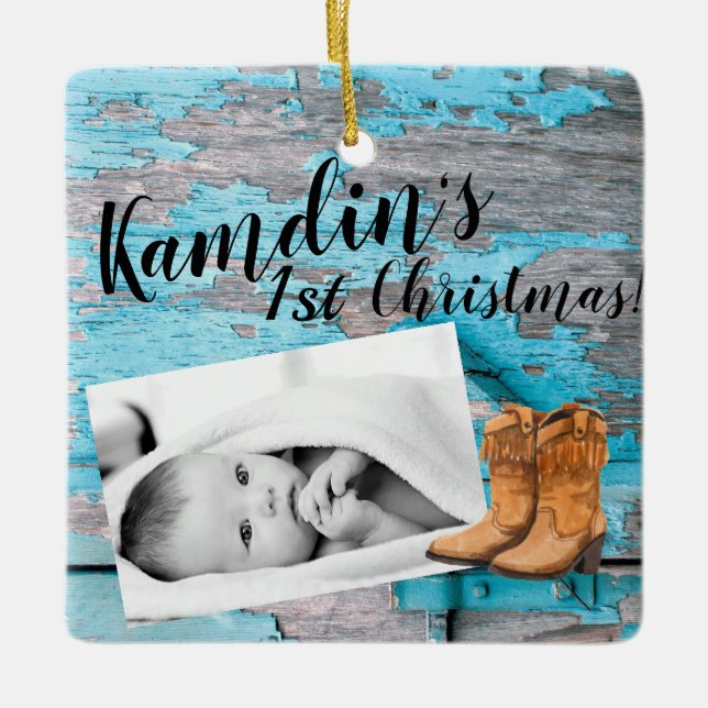 Personalisiert Baby XMAS Ornament Blue Wood Barn D (Vorderseite)