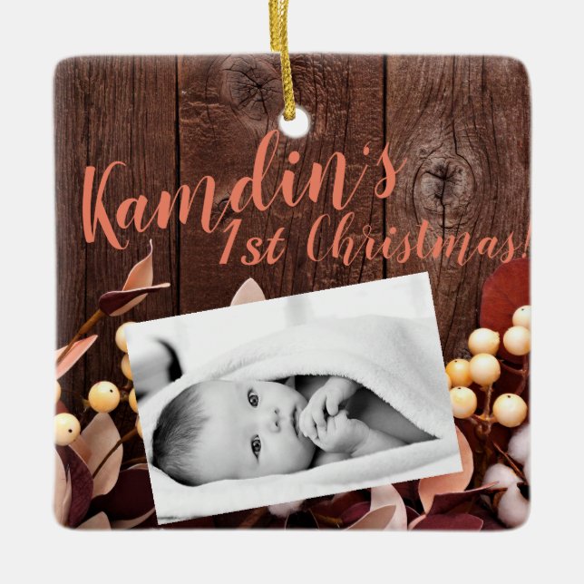 Personalisiert Baby XMAS Zierwolle Zweigniederlass Keramikornament (Vorderseite)