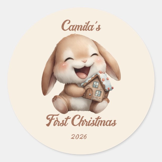 Personalisiert Baby's First Christmas Bunny Runder Aufkleber (Vorderseite)