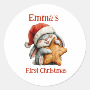 Personalisiert Baby's First Christmas Bunny Runder Aufkleber