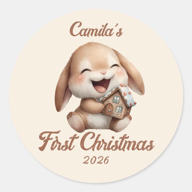 Personalisiert Baby's First Christmas Bunny Runder Aufkleber (Vorderseite)
