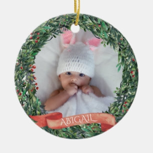 Personalisiert Baby's First Christmas Foto Wreath  Keramik Ornament