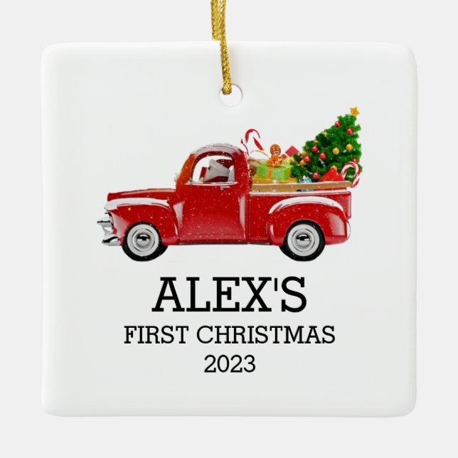Personalisiert Baby's First Christmas Red Truck Bo Keramikornament (Vorderseite)