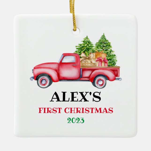 Personalisiert Baby's First Christmas Red Truck Xm Keramikornament (Vorderseite)