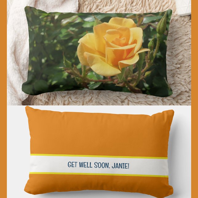 Personalisiert bald geht's Coworker Yellow Rose Lendenkissen (Modern, elegant Get Well Soon personalized name accent pillow coworker friend. Photo of  yellow rose)