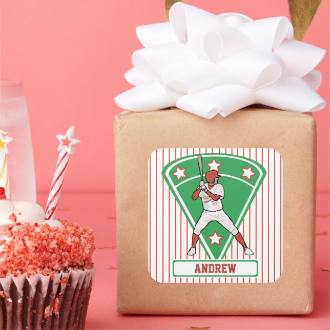 Personalisiert Baseball Batter Star Red Quadratischer Aufkleber (Party)