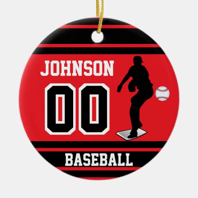 Personalisiert Baseball Pitcher | Rot und Schwarz Keramik Ornament (Vorne)