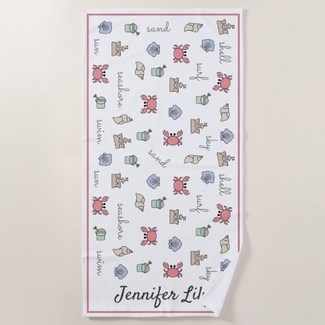 Personalisiert Beach Sandcastle Crab Muschel Pail  Strandtuch (Vorderseite)