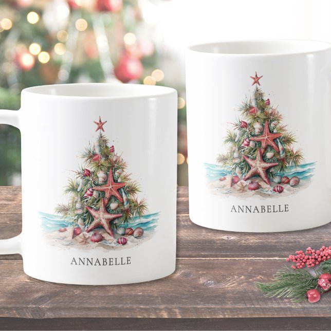 Personalisiert Beach Weihnachtsbaum Kaffeetasse (Personalized Beach Christmas Tree Coffee Mug)
