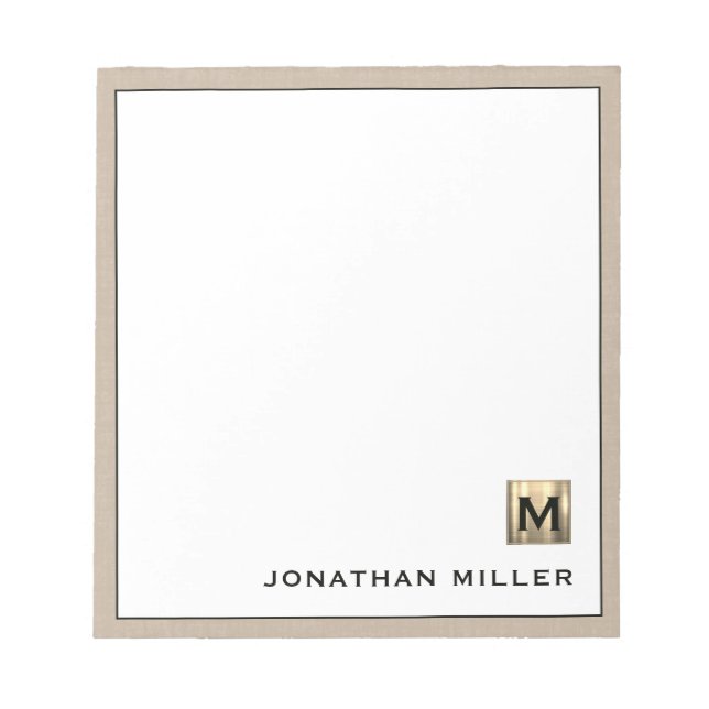 Personalisiert Beige-Linen-Monogramm Notizblock (Vorderseite)