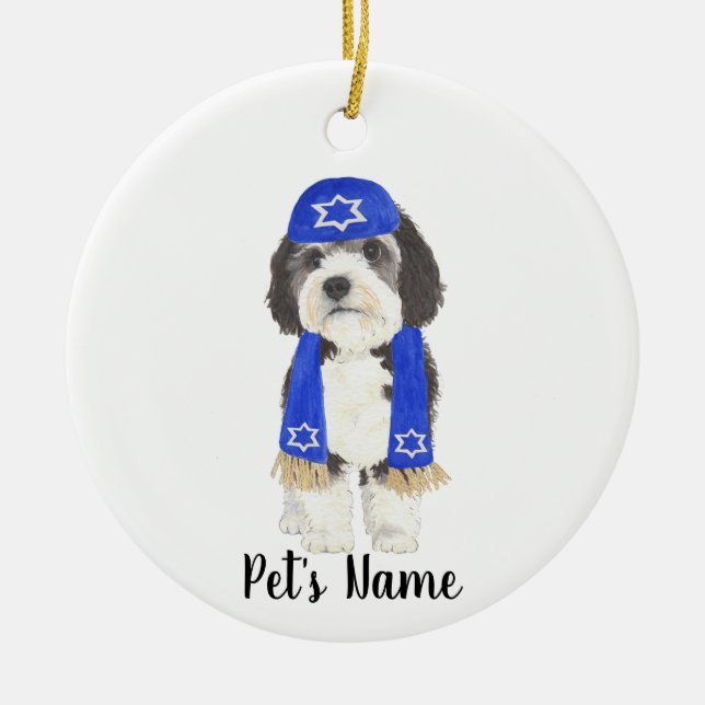 Personalisiert Bernedoodle Yarmulke Hanukkah Blue Keramik Ornament (Vorne)