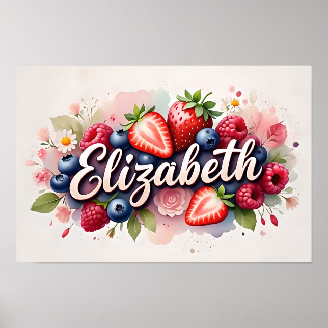 Personalisiert Berry Floral Name Poster "Elizabeth (Vorne)