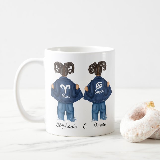 Personalisiert Best Friends Aries Cancer Girl Jean Kaffeetasse (Mit Donut)