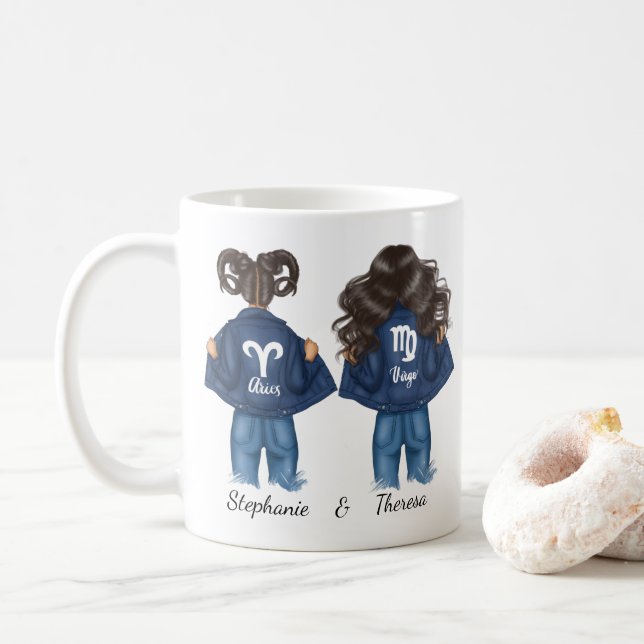 Personalisiert Best Friends Aries Virgo Girl Jean Kaffeetasse (Mit Donut)