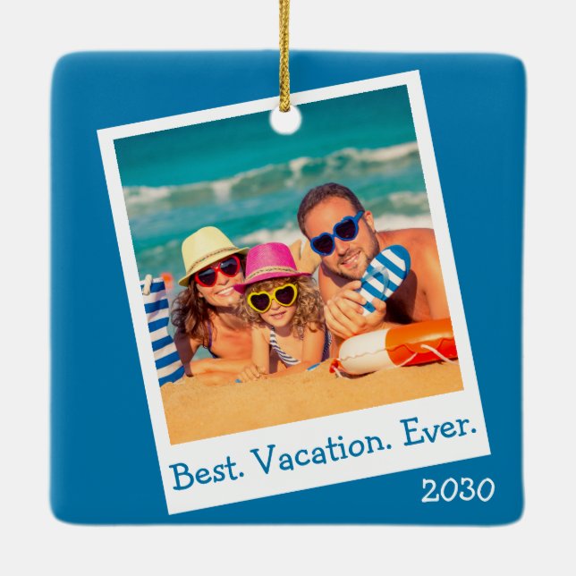 Personalisiert Best Vacation Ever Foto Blau Keramikornament (Rückseite)