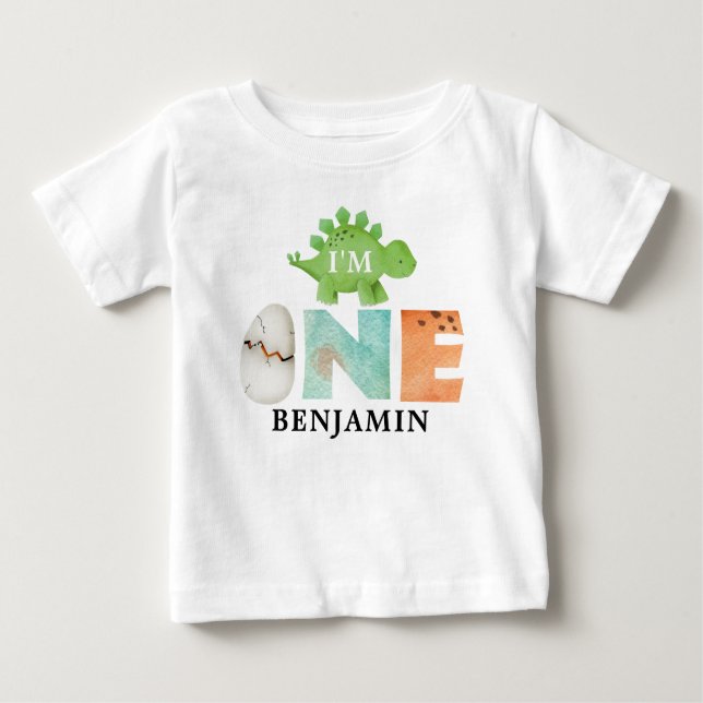Personalisiert bin ich ONE Dinosaurier Erster Gebu Baby T-shirt (Vorderseite)