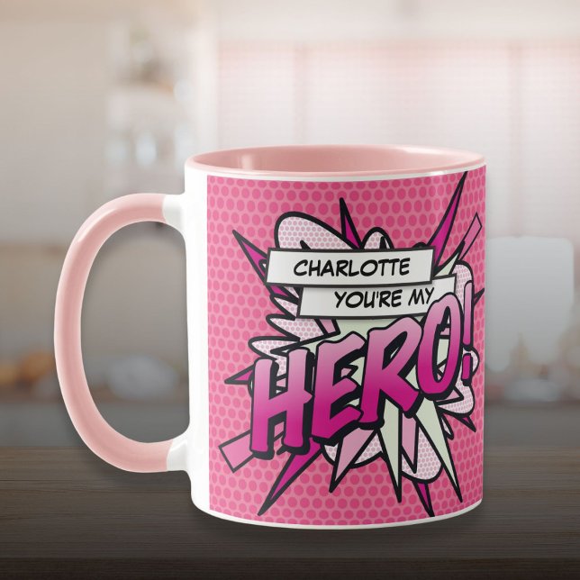 Personalisiert bist du mein HERO Comic Buch Rosa Tasse (Personalized You're My HERO Comic Book Pink Mug)