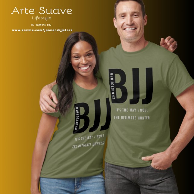 Personalisiert BJJ Brazilian Jiu Jitsu T-Shirt (BJJ personalized green t-shirt modelled by male and female couple.)