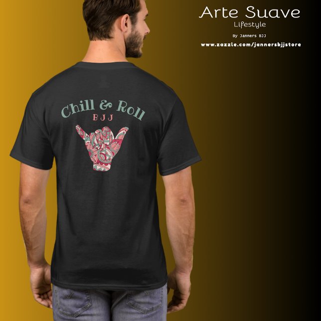 Personalisiert BJJ Jiu Jitsu Chill and Roll Shaka T-Shirt (Chill and roll black bjj Tshirt worn by a medium build guy.)