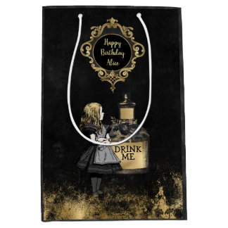 Personalisiert Black and Gold Alice trinken mich Mittlere Geschenktüte