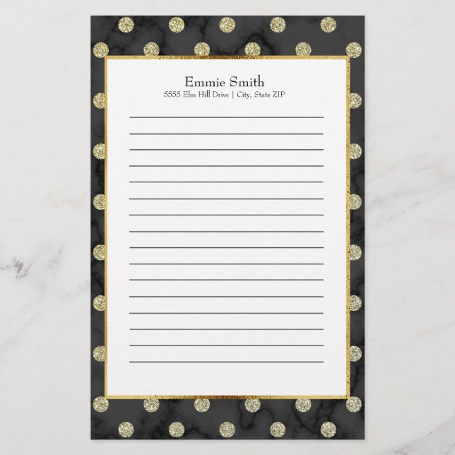 Personalisiert Black and Gold Polka Dot Briefpapier (Vorderseite)