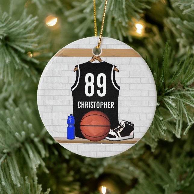 Personalisiert Black and White Basketball Jersey Keramik Ornament (Baum)