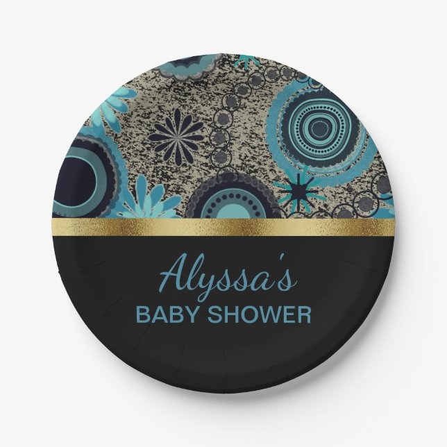 Personalisiert Black Aquamarin Gold Baby Dusche Pappteller (Vorderseite)