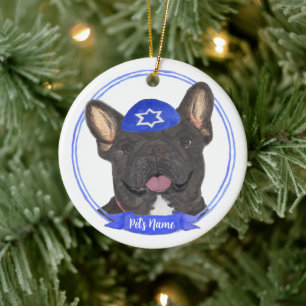 Personalisiert Black Brindle Frenchie Hanukkah Keramik Ornament